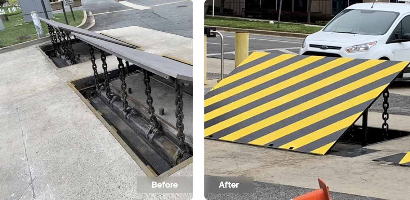 Wedge barrier renovation from exposed chain design to a finished version with yellow and black safety stripes.